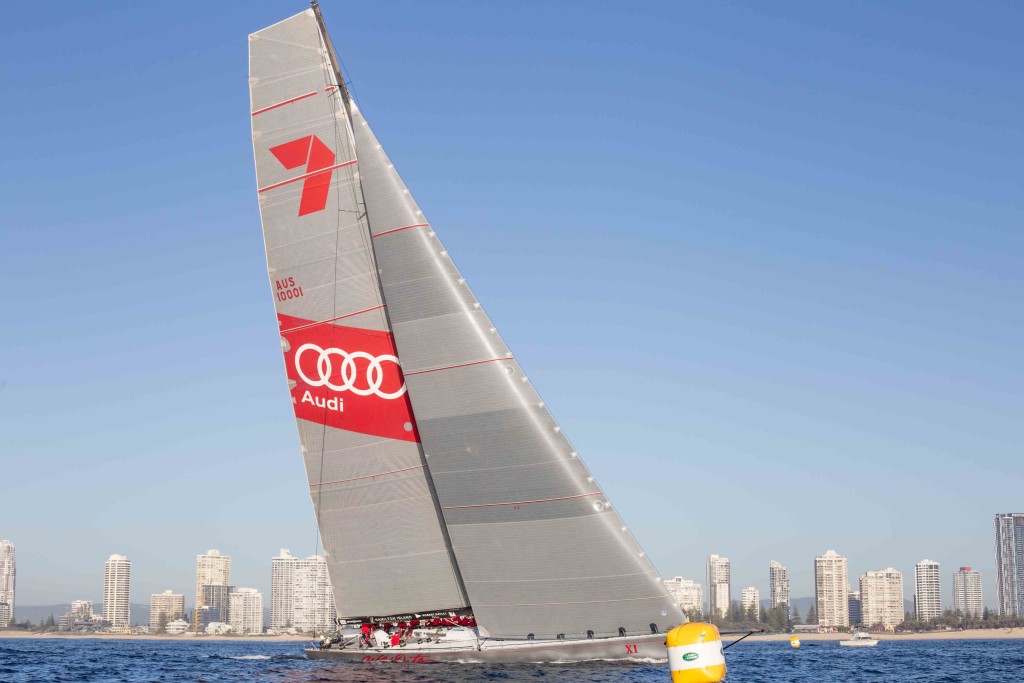 Wild Oats XI crossing the finish line at the 2017 Land Rover Sydney Gold Coast Yacht Race